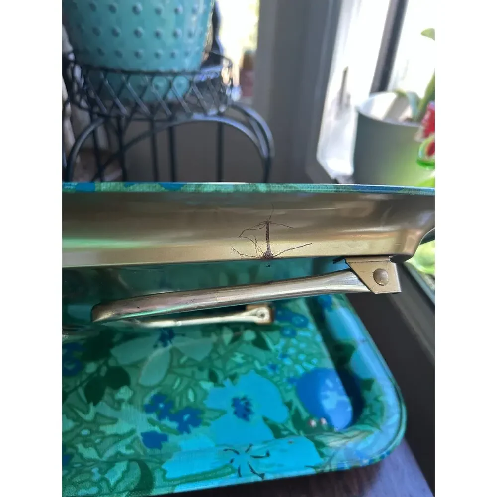VTG 1960’S-70’S Metal Floral Design TV Tray Table blue green MCM